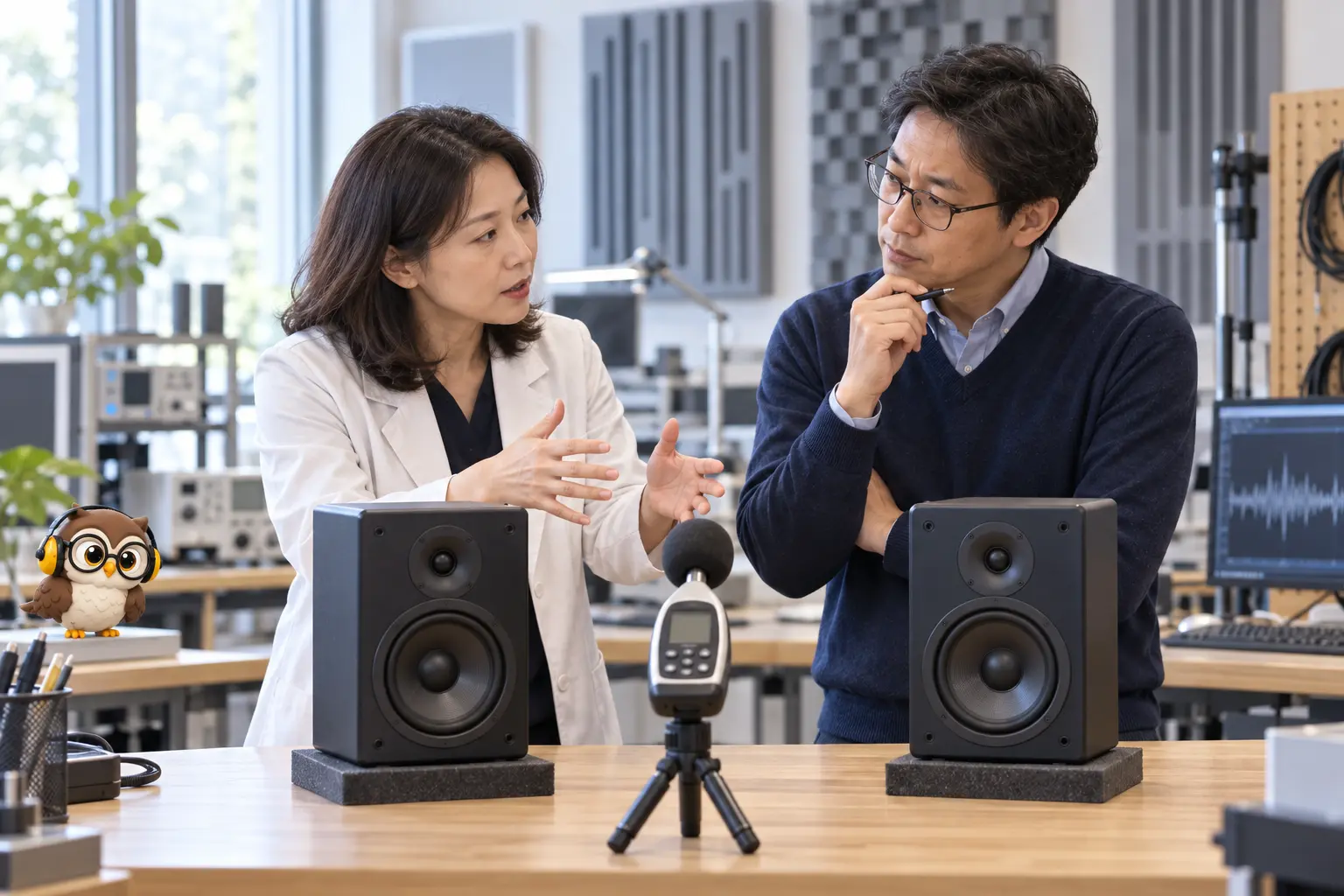 음향 실험실에서 성인 연구자 두 명이 스피커 두 대와 소음계를 살피고 LTCT 안경 올빼미가 귀마개를 쓴 장면