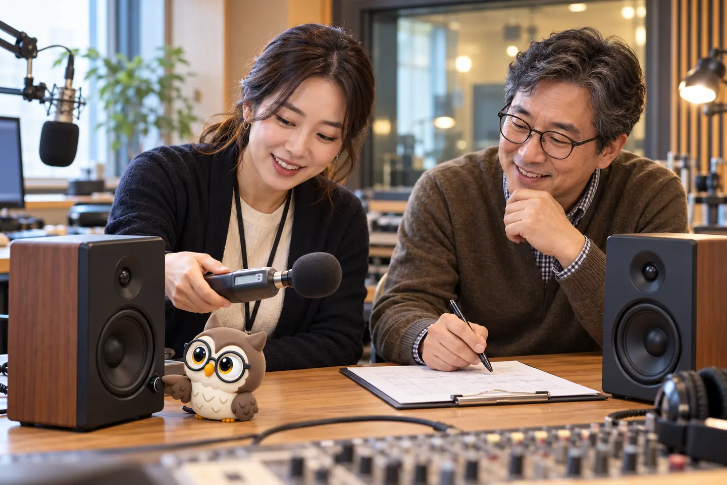 지역 라디오 스튜디오에서 성인 음향 기사와 교사가 두 스피커의 소리 레벨을 재고 작은 공식 갈색 안경 올빼미가 스피커 손잡이를 돌리는 장면
