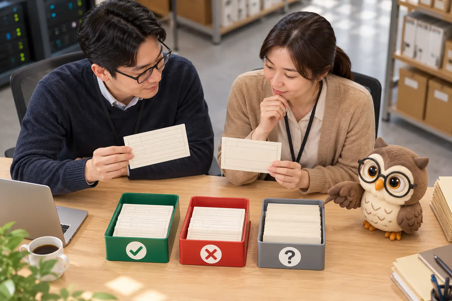 데이터 품질 관리실에서 성인 분석가 두 명이 값이 비어 있는 자료 카드와 세 가지 결과 패널을 비교하고 작은 공식 갈색 안경 올빼미가 빈 카드를 살피는 장면