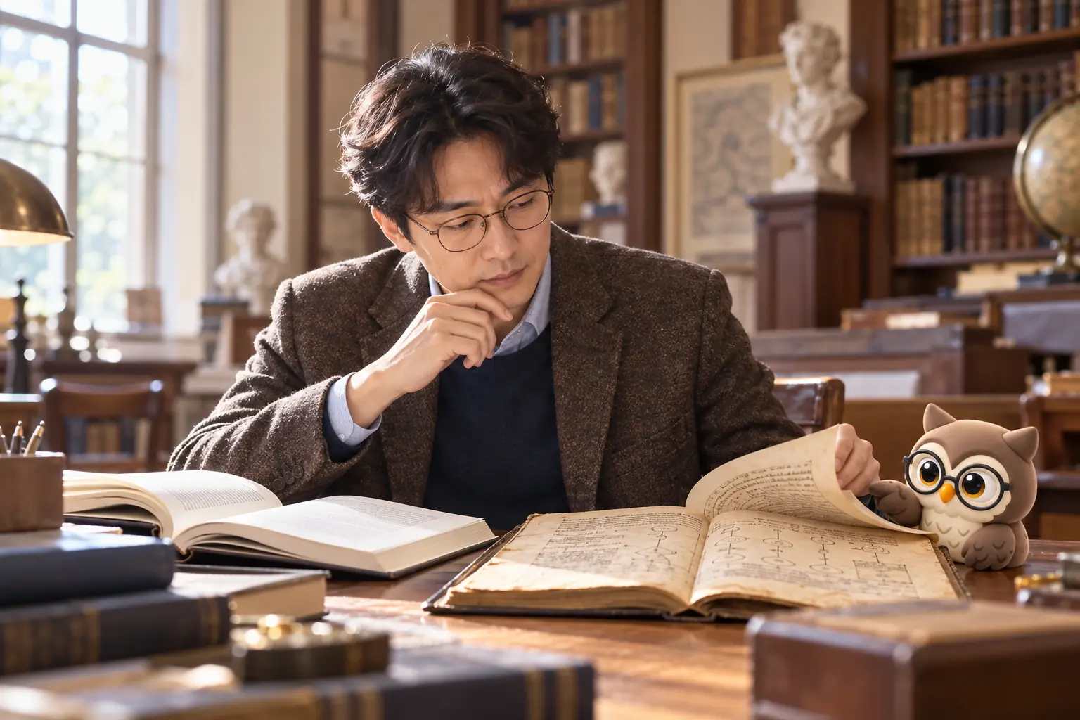 대학 자료실에서 성인 교사가 논리학 책과 고문헌 복제본을 비교하고 작은 갈색 안경 LTCT 올빼미가 곁에서 책장을 넘기는 장면