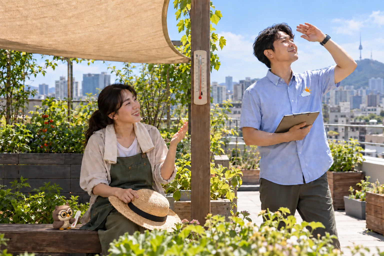 서울 옥상 텃밭에서 한국인 성인 두 명이 그늘과 햇볕을 비교하고 작은 갈색 안경 올빼미가 온도계를 살피며 함께 측정하는 장면