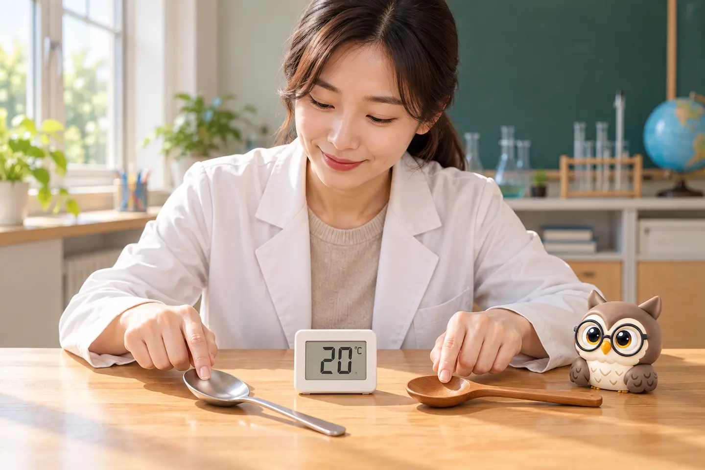 밝은 과학 교실에서 성인 교사가 20도로 표시된 금속 숟가락과 나무 숟가락을 비교하고 작은 공식 갈색 안경 올빼미가 온도계 옆에 서 있는 장면