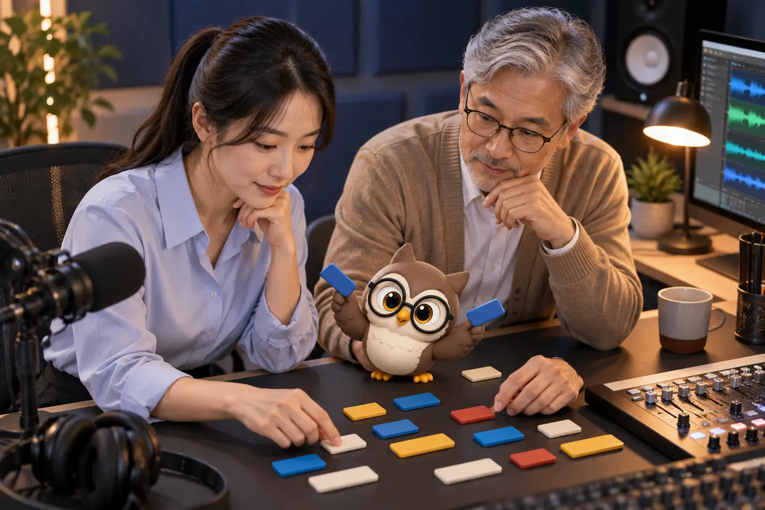 음성 편집실의 두 성인이 문장 조각을 비교하고 안경 쓴 LTCT 올빼미 캐릭터가 파란 조각 두 개를 들어 보이는 장면