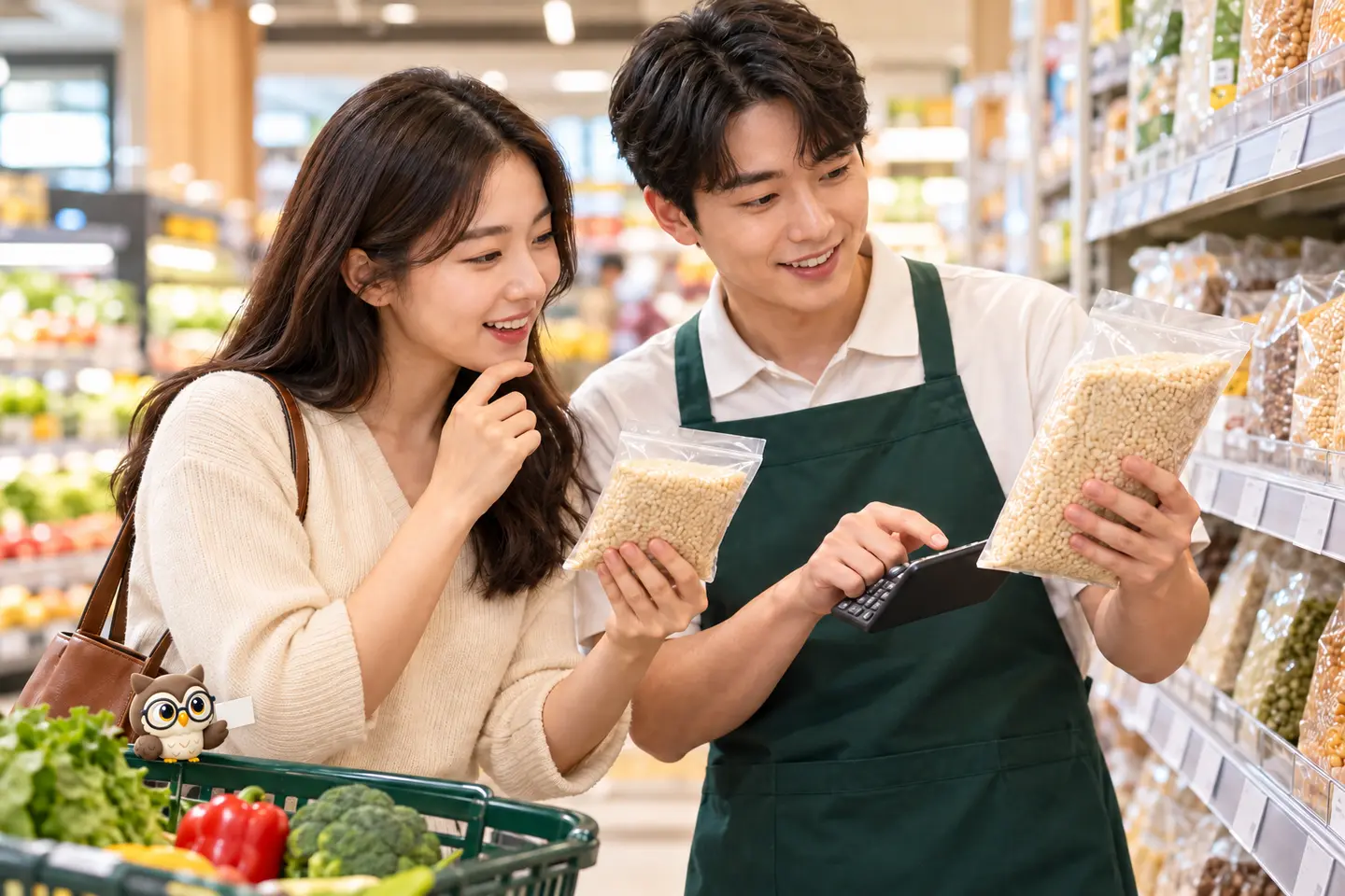밝은 슈퍼마켓에서 성인 손님과 직원이 서로 다른 크기의 식품 포장과 계산기를 비교하고 작은 공식 갈색 안경 올빼미가 장바구니에서 비교 카드를 드는 장면
