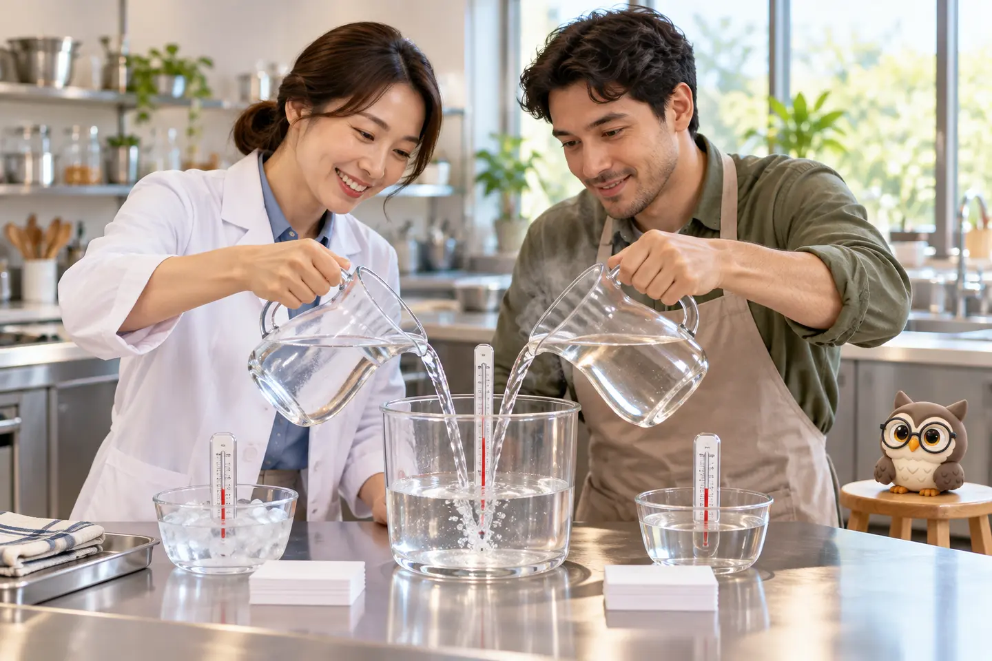 밝은 교육용 주방에서 성인 과학 강사와 학습자가 온도가 다른 물 두 주전자를 온도계가 든 투명 용기에 붓고 작은 공식 갈색 안경 올빼미가 옆 의자에서 지켜보는 장면