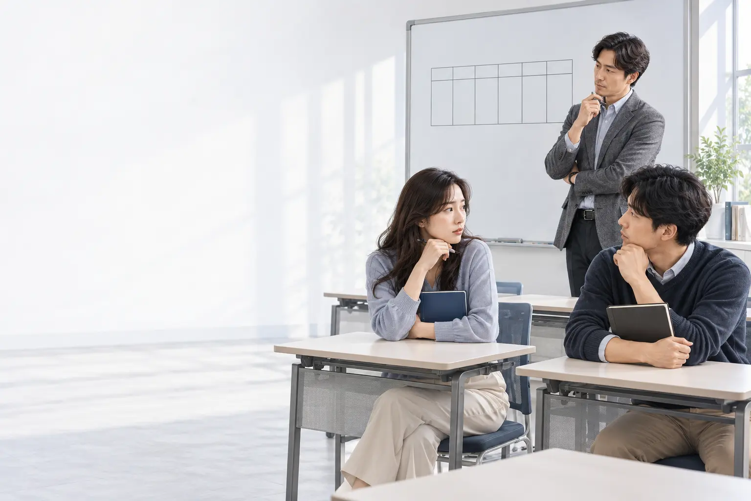 빈 주간 일정표 곁에서 예고 없는 시험을 설명하는 교사와 생각에 잠긴 성인 학습자들의 상상 삽화