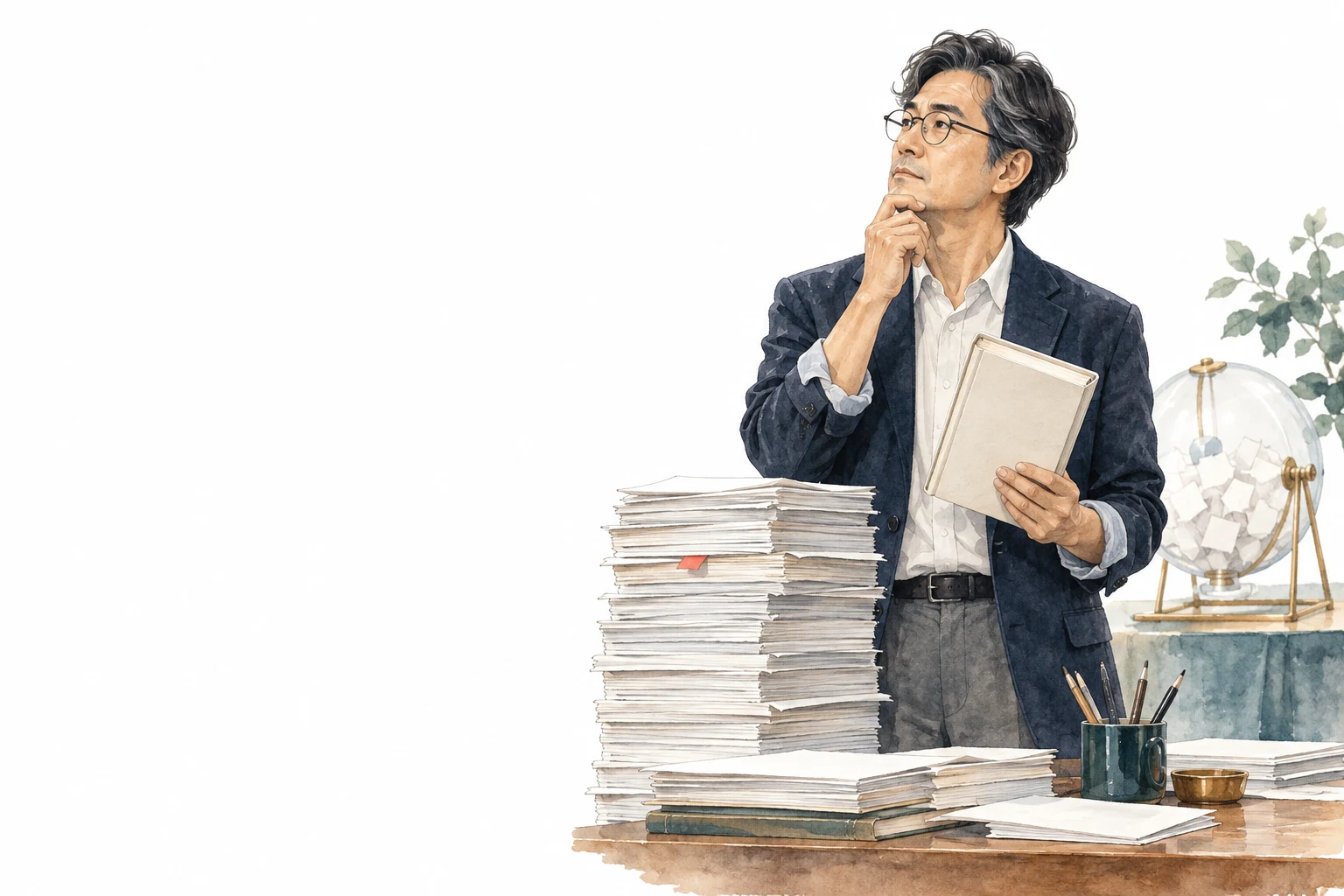 원고 더미와 제본된 책, 복권 추첨기를 곁에 두고 생각하는 편집자의 성인용 상상 삽화