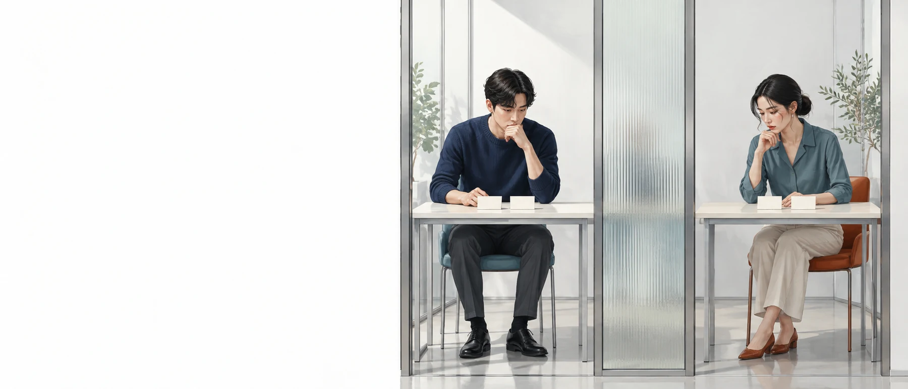 분리된 두 방에서 서로의 선택을 모른 채 숙고하는 두 성인의 상상 삽화