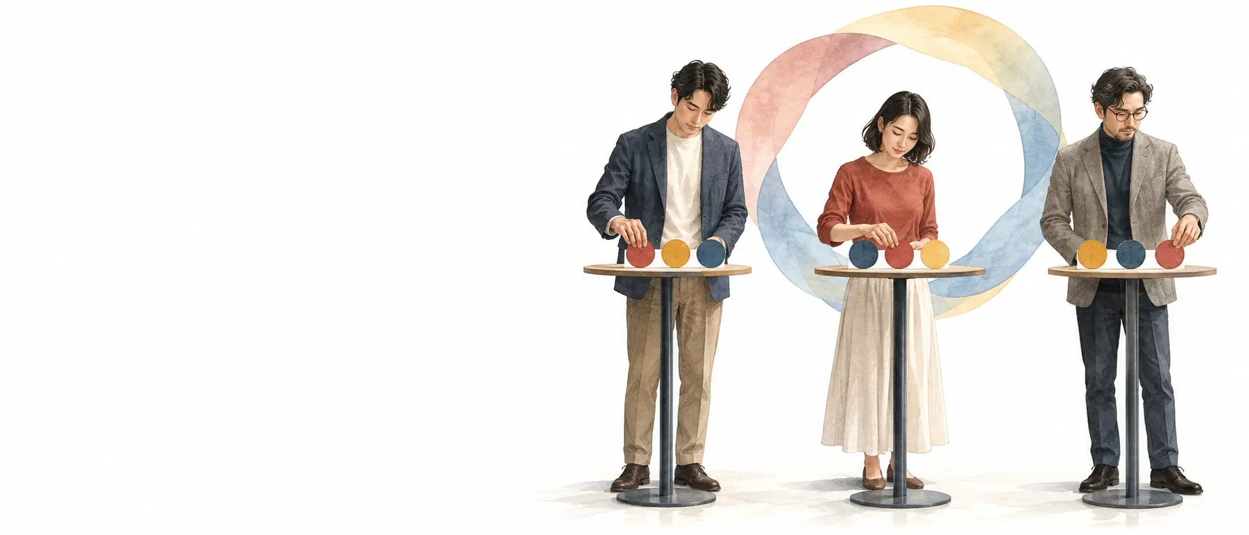 서로 다른 순서로 세 원판을 배열하는 세 유권자와 순환 고리의 성인용 상상 삽화