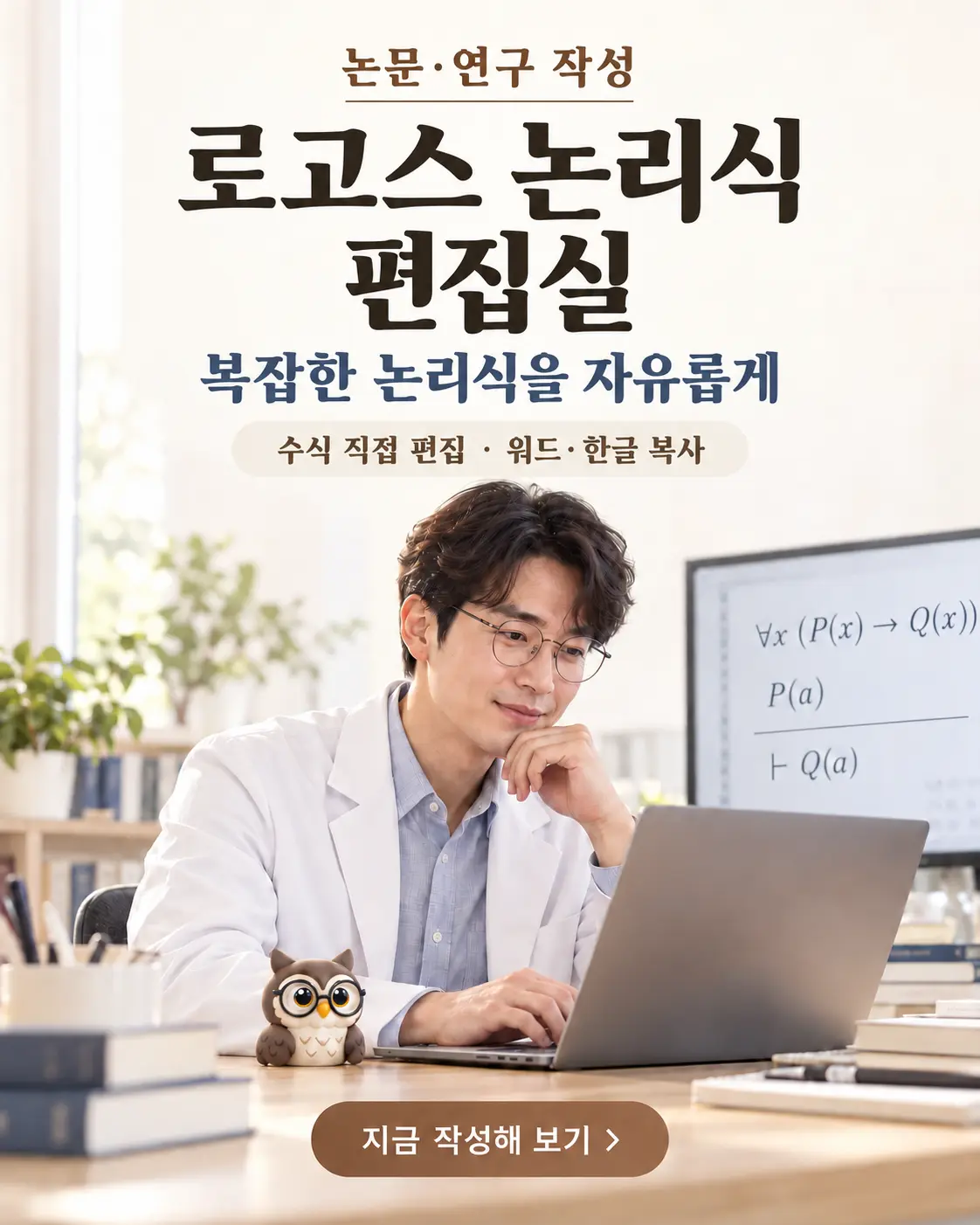 흰 연구원 가운을 입은 남성과 노트북 옆 작은 공식 올리