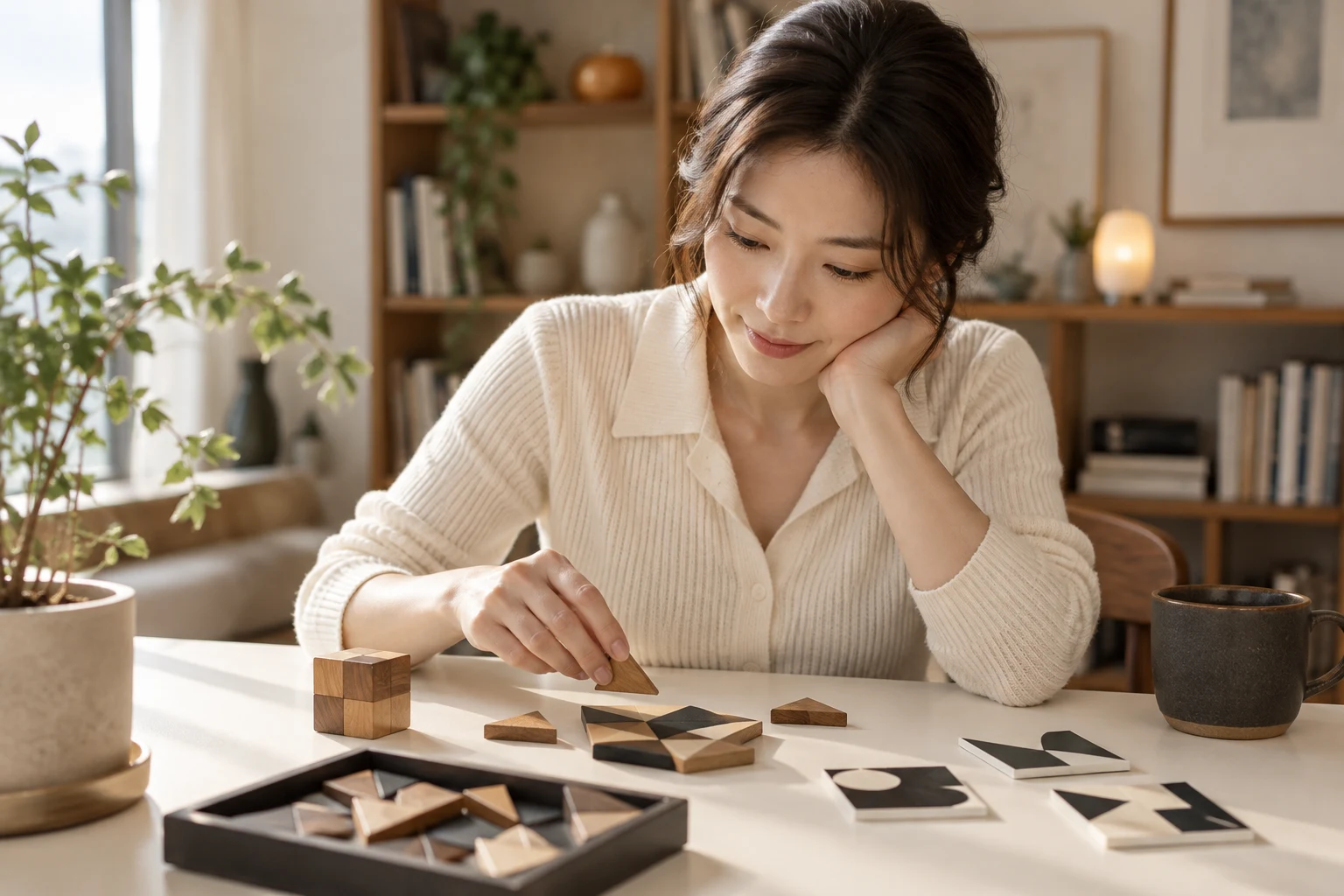 밝은 서재에서 성인 여성이 나무 도형과 패턴 퍼즐을 풀며 생각하는 모습