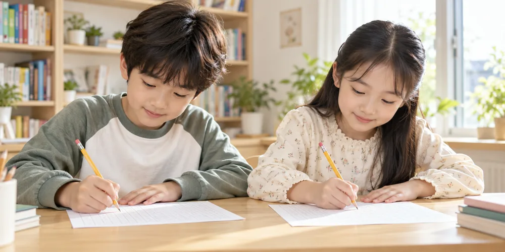 각자의 원고지에 글을 쓰는 두 아이